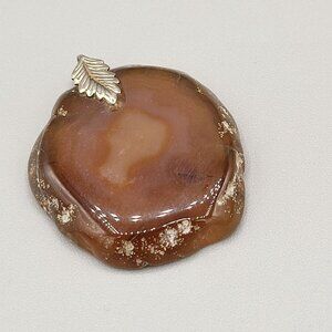 Large Brown Agate Slice Pendant Natural Pattern Silver Tone Necklace Craft